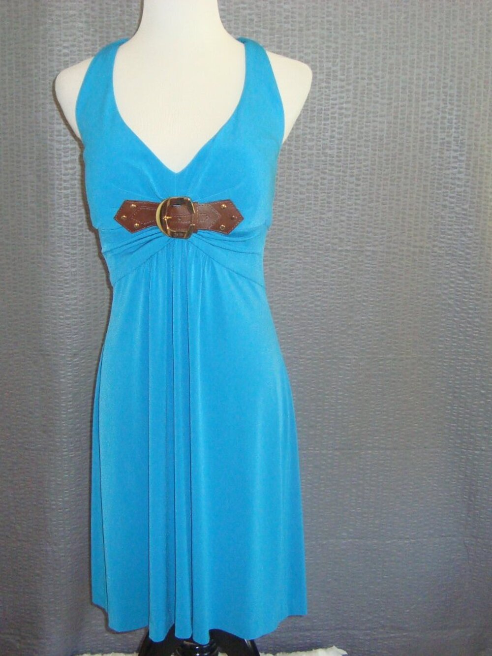 NWT Cache Blue Teal Halter Dress Faux Leather Belt Empire Waist V- neck sz L